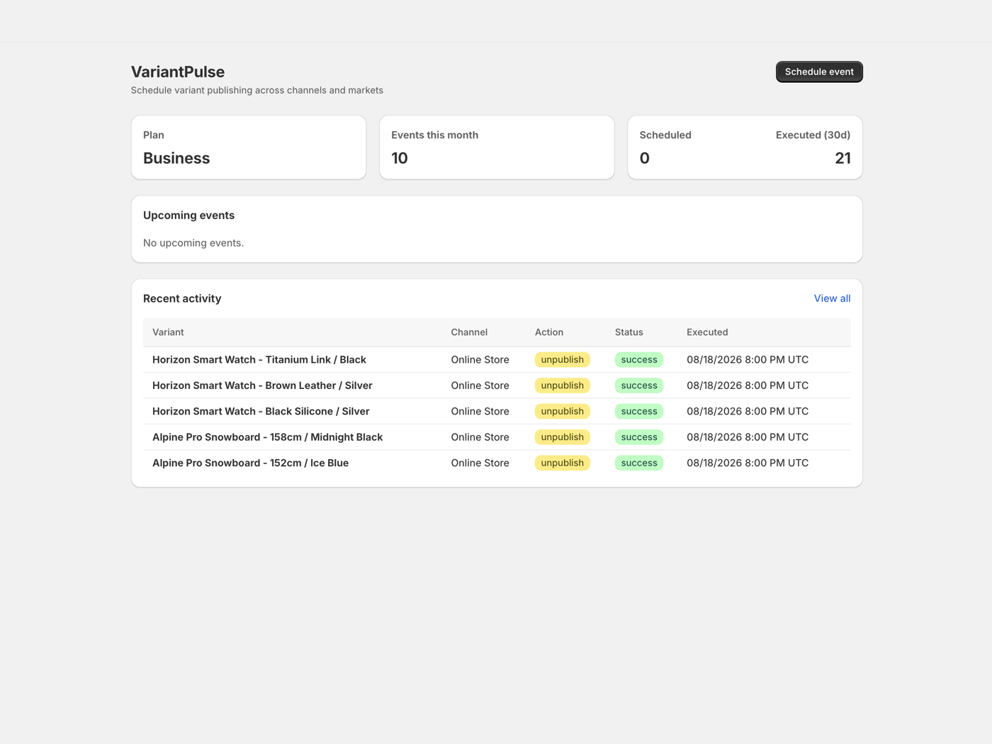 VariantPulse dashboard showing plan info, event stats, upcoming events, and recent activity with success status badges