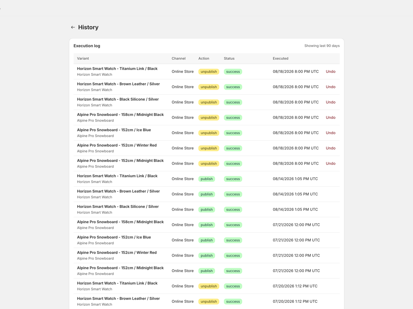 VariantPulse execution history showing variant publish/unpublish actions with status badges, timestamps, and undo buttons