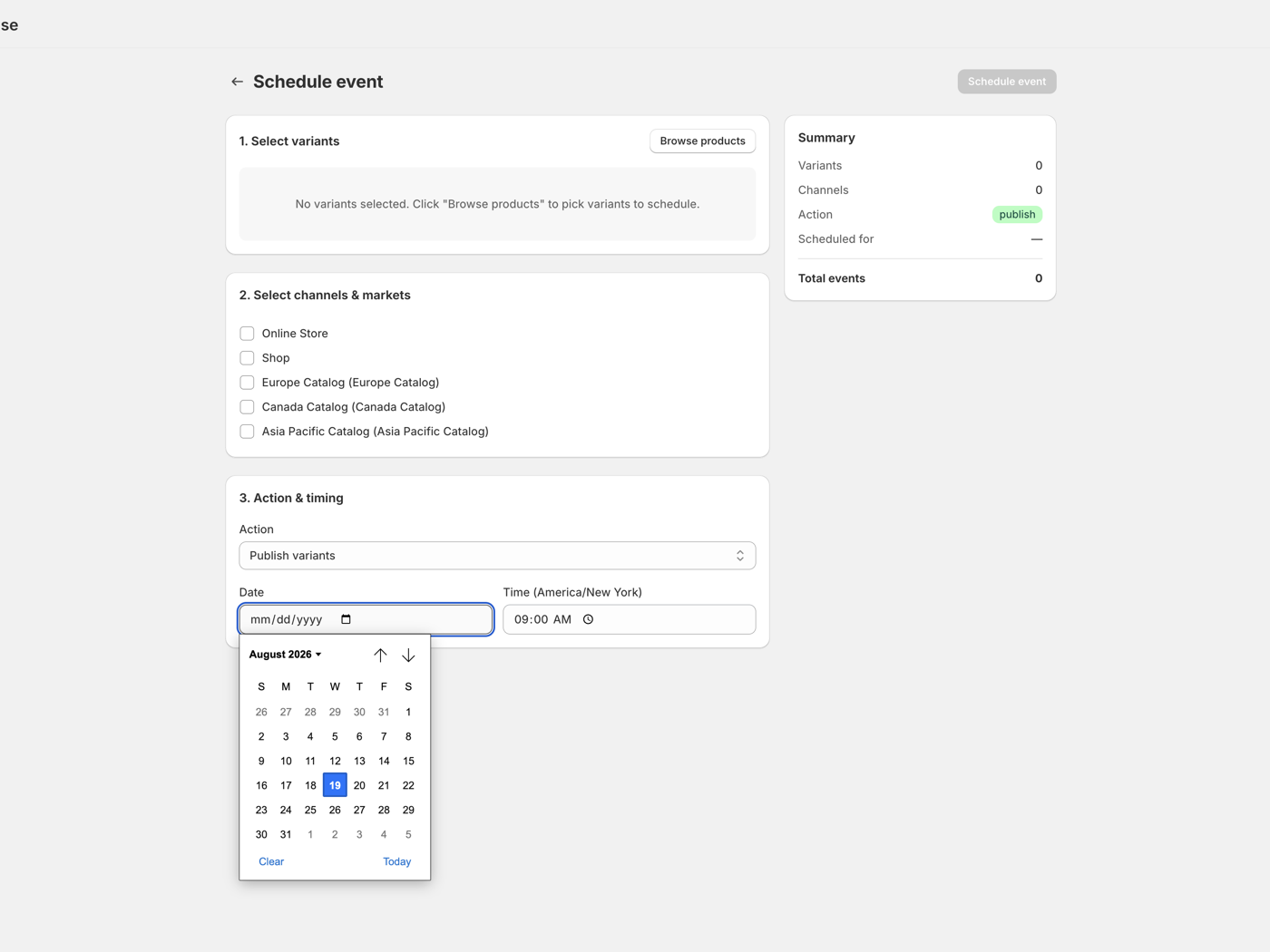 VariantPulse schedule event interface showing variant selection, channel and market checkboxes, action picker, date calendar, and summary panel